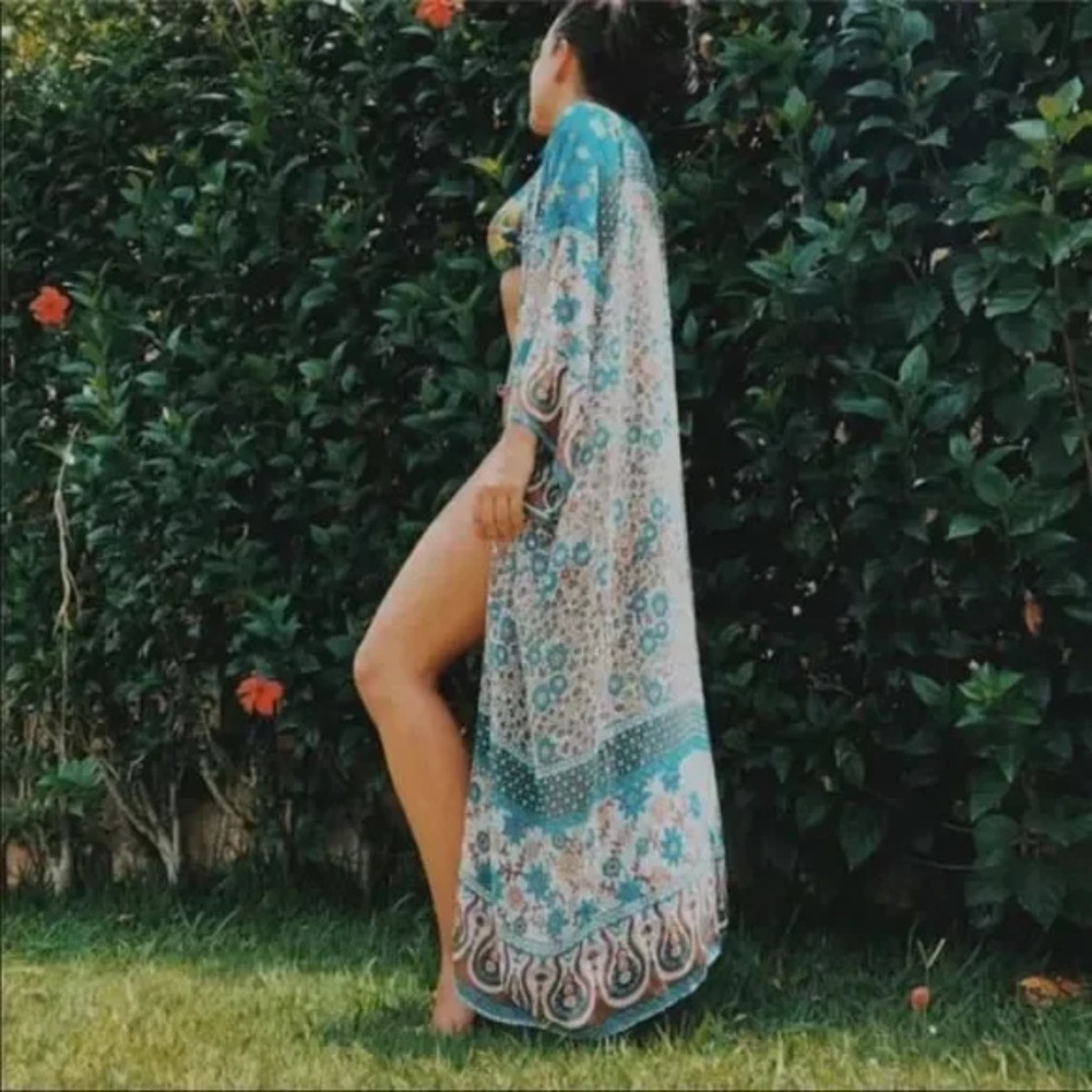 New Retro Vintage Floral Sheer Chiffon Kimono Gypsy Robe Duster beach coverup - Picture 3 of 5
